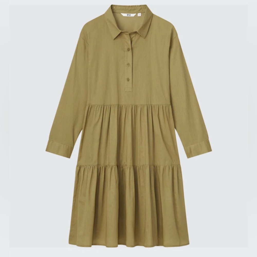 Uniqlo Cotton Tiered 3/4-Sleeve Mini Dress khaki green
